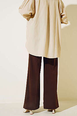 Kemerli Yüksek Bel Bol Paça Kahve Pantolon - Pantolon