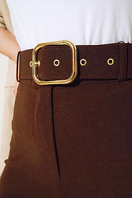 Kemerli Yüksek Bel Bol Paça Kahve Pantolon - Pantolon