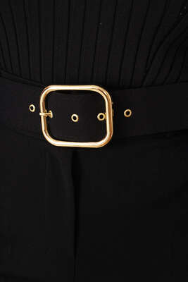 Kemerli Yüksek Bel Bol Paça Siyah Pantolon - Thumbnail