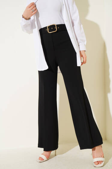 Kemerli Yüksek Bel Bol Paça Siyah Pantolon - Pantolon