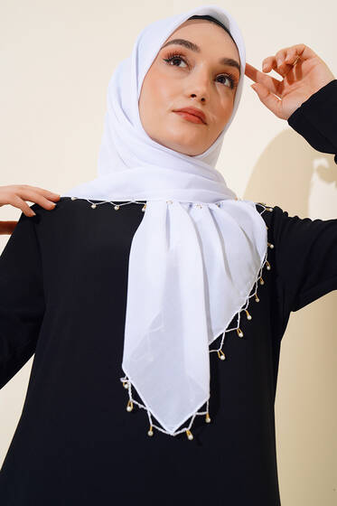 Kenarları Boncuk İşlemeli Yazma Eşarp Beyaz - Başörtüsü
