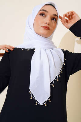 Kenarları Boncuk İşlemeli Yazma Eşarp Beyaz 