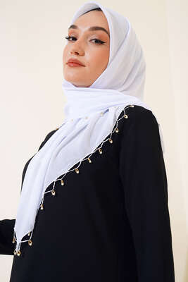 Kenarları Boncuk İşlemeli Yazma Eşarp Beyaz - Yılın Fırsatı