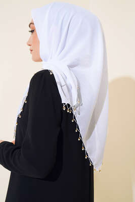 Kenarları Boncuk İşlemeli Yazma Eşarp Beyaz - Yılın Fırsatı