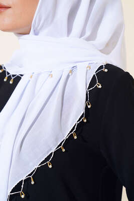 Kenarları Boncuk İşlemeli Yazma Eşarp Beyaz - Yılın Fırsatı