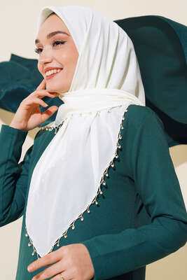 Kenarları Boncuk İşlemeli Yazma Eşarp Krem - Yılın Fırsatı