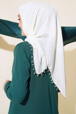 Kenarları Boncuk İşlemeli Yazma Eşarp Krem - Yılın Fırsatı