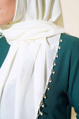 Kenarları Boncuk İşlemeli Yazma Eşarp Krem - Yılın Fırsatı