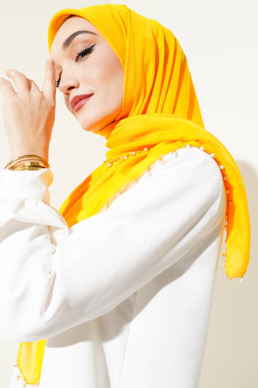 Kenarları Boncuk İşlemeli Yazma Hardal - Başörtüsü