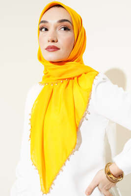 Kenarları Boncuk İşlemeli Yazma Hardal - Yılın Fırsatı