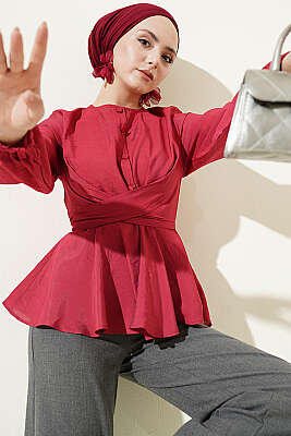 Kendinden Bağlamalı Kısa Gömlek Bordo - TABLO FASHİON