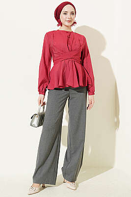 Kendinden Bağlamalı Kısa Gömlek Bordo - Gömlek