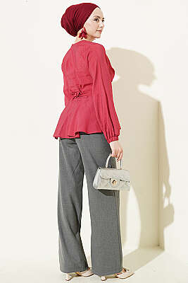 Kendinden Bağlamalı Kısa Gömlek Bordo - Gömlek