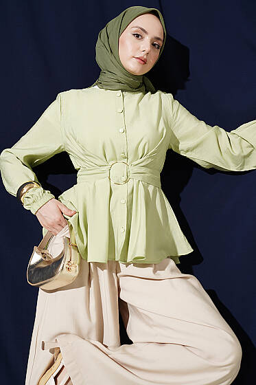 Kendinden Bağlamalı Kısa Gömlek Çağla Yeşili - Gömlek