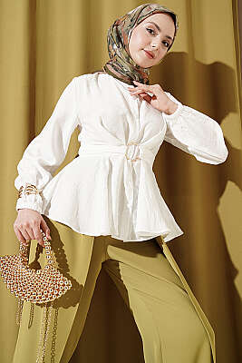 Kendinden Bağlamalı Kısa Gömlek Ekru - TABLO FASHİON