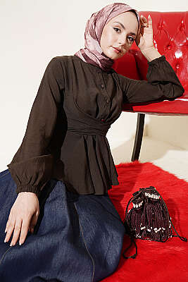 Kendinden Bağlamalı Kısa Gömlek Kahve - TABLO FASHİON