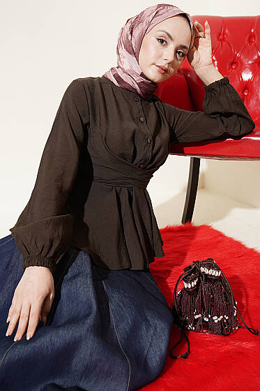 Kendinden Bağlamalı Kısa Gömlek Kahve - Gömlek