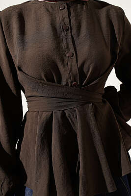 Kendinden Bağlamalı Kısa Gömlek Kahve - Gömlek