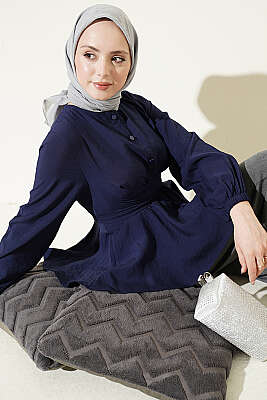 Kendinden Bağlamalı Kısa Gömlek Lacivert - TABLO FASHİON