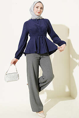 Kendinden Bağlamalı Kısa Gömlek Lacivert - Gömlek