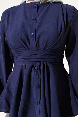 Kendinden Bağlamalı Kısa Gömlek Lacivert - Gömlek