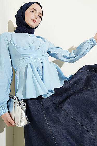 Kendinden Bağlamalı Kısa Gömlek Mavi - Gömlek