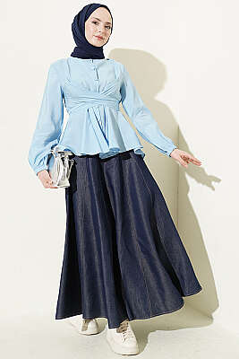 Kendinden Bağlamalı Kısa Gömlek Mavi - Gömlek