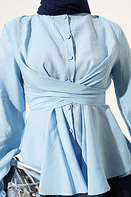 Kendinden Bağlamalı Kısa Gömlek Mavi - Gömlek