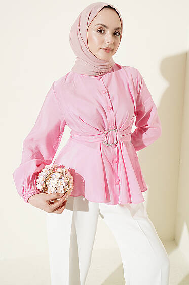 Kendinden Bağlamalı Kısa Gömlek Pembe - 300-500 TL Ürünler