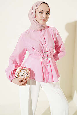 Kendinden Bağlamalı Kısa Gömlek Pembe - TABLO FASHİON