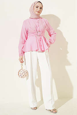 Kendinden Bağlamalı Kısa Gömlek Pembe - Gömlek