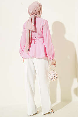 Kendinden Bağlamalı Kısa Gömlek Pembe - Gömlek