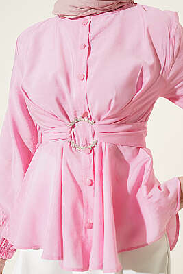 Kendinden Bağlamalı Kısa Gömlek Pembe - Gömlek