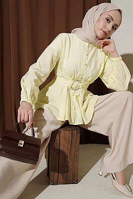 Kendinden Bağlamalı Kısa Gömlek Sarı - TABLO FASHİON