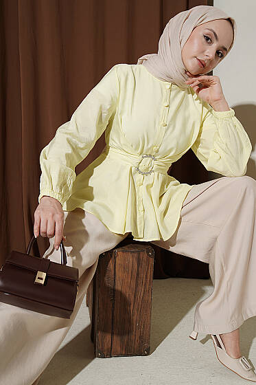 Kendinden Bağlamalı Kısa Gömlek Sarı - Gömlek