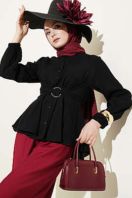 Kendinden Bağlamalı Kısa Gömlek Siyah - TABLO FASHİON