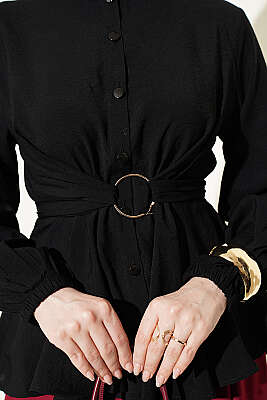 Kendinden Bağlamalı Kısa Gömlek Siyah - Gömlek