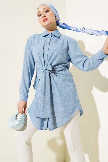 Kendinden Bel Kuşaklı Gömlek Mavi - Gömlek