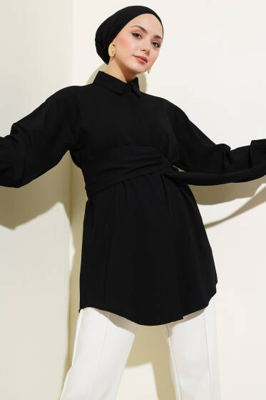 Kendinden Bel Kuşaklı Gömlek Siyah - Gömlek