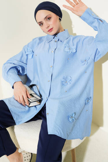 Kendinden Çiçekli Taşlı Gömlek Bebe Mavi - Gömlek
