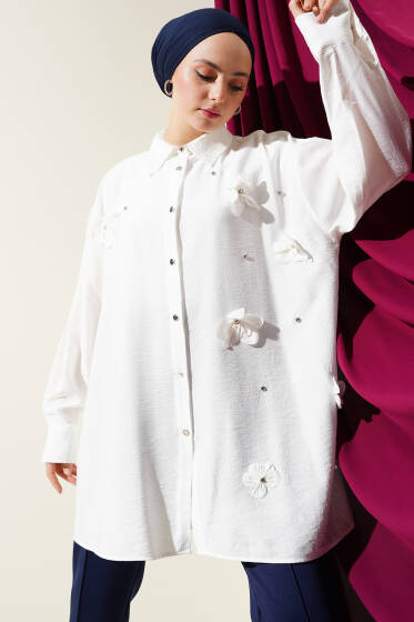 Kendinden Çiçekli Taşlı Gömlek Ekru - Gömlek