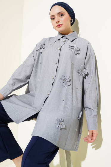 Kendinden Çiçekli Taşlı Gömlek Gri - Gömlek