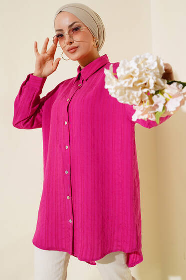 Kendinden Çizgili Gömlek Fuşya - Gömlek
