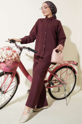 Kendinden Çizgili Gömlekli İkili Takım Bordo - DESTİNA