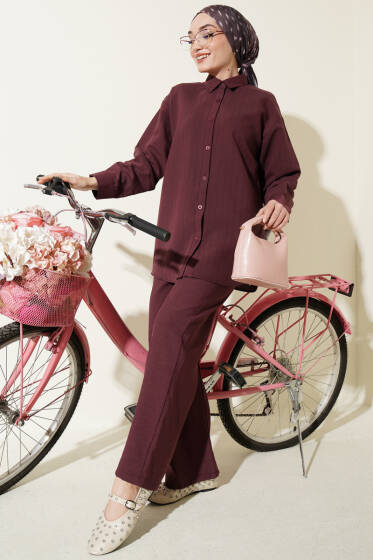 Kendinden Çizgili Gömlekli İkili Takım Bordo - İkili Takım