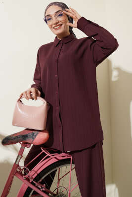 Kendinden Çizgili Gömlekli İkili Takım Bordo - İkili Takım