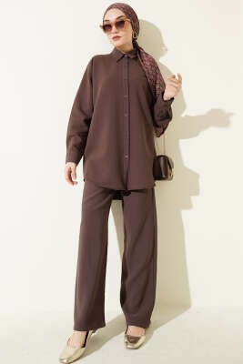 Kendinden Çizgili Gömlekli İkili Takım Kahve - DESTİNA