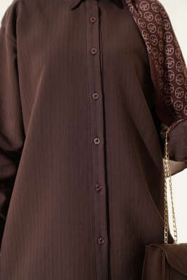 Kendinden Çizgili Gömlekli İkili Takım Kahve - İkili Takım