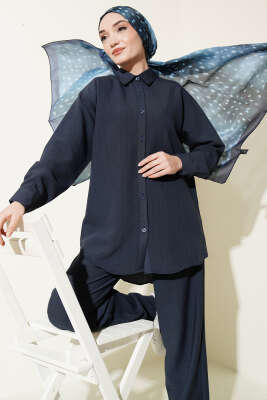 Kendinden Çizgili Gömlekli İkili Takım Lacivert - DESTİNA