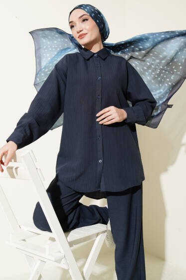 Kendinden Çizgili Gömlekli İkili Takım Lacivert - İkili Takım